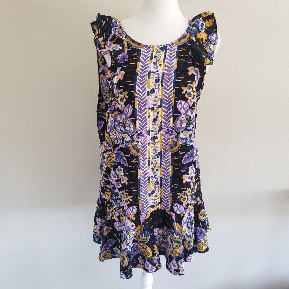 Free People Dress Tunic Top Ruffle Cap Sleeve Floral Geometric Linen Blend XS